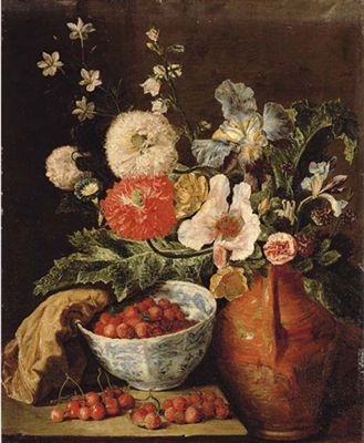 Pieter Snyers : Wild strawberries in a blue and white porcelain bowl, flowers in an earthenware jug