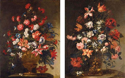 Francesco Mantovano : Carnations, lilies, narcissi, convolvulus and other flowers (+ Tulips, roses, carnations and convulvulus: pair)