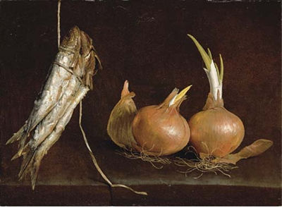 Giovan Battista Recco : Sardines suspended from twine and onions on a stone ledge