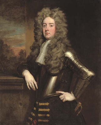 Sir Godfrey Kneller : Portrait of Edward Henry Lee, 1st Earl of Lichfield (1663-1716), three-quarter-length, in armour, leaning on a plinth, a landscape beyond