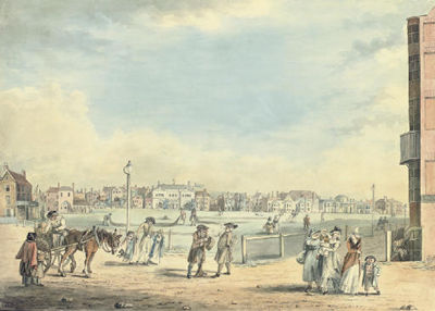 John Nixon : View of Brighton, showing Miss Widgett's circulating library, Marlborough House, the Castle Inn, Assembly Rooms, the Marine Pavilion and St Nicholas' Church beyond