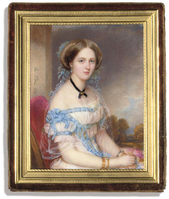 Emanuel Thomas Peter : A young lady, in white dress with blue ribbons at corsage, waist and tied in bows on her right sleeve, her shoulders draped with white gauze veil, wearing a black ribbon around her neck tied at centre and set with a gold brooch, sapphire earring, gold gem