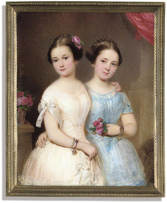 Emanuel Thomas Peter : Two sisters: Adele Fellner, in white dress with pleated and ruched bodice and white bow at her shoulder, wearing two bracelets, a pink rose her her plaited and upswept hair, her left hand resting on her sister's shoulder; Anna Gelner, in pleated and ruche