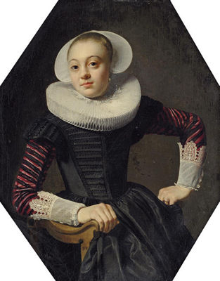 Thomas Hendrick Keyser : Portrait of a lady, seated three-quarter-length, in a black dress with red slashed sleeves, lace cuffs and a ruff