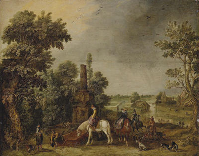 Esaias Van de Velde I : An extensive landscape with a hunting party halting by a classical fountain