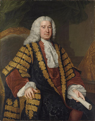 William Hoare : Portrait of Henry Pelham (1694-1754), three-quarter-length, seated in Chancellor's robes, a scroll in his left hand