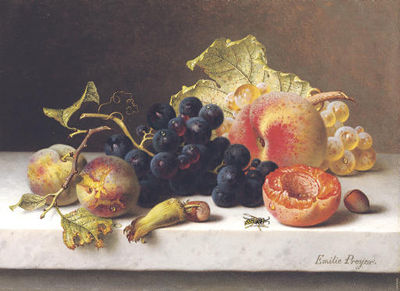 Emilie Preyer : Grapes, peaches and plums on a marble ledge