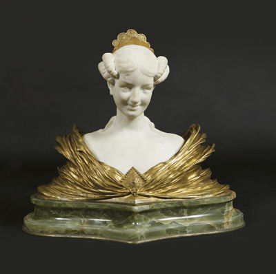 Dominique Alonzo : A FRENCH GILT-BRONZE AND MARBLE BUST OF A BELLE EPOQUE LADY