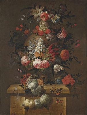 Peter Frans Casteels : Roses, daffodils, peonies, lilies, a tulip, chrysanthemums and other flowers in a sculpted urn on a stone plinth