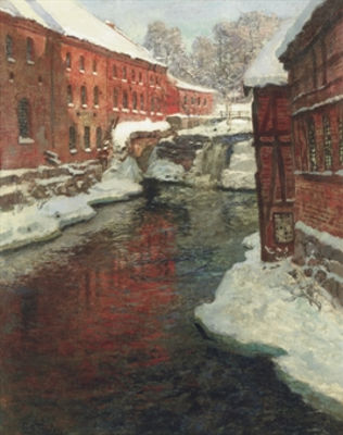 Frits Thaulow : Snødekt by med elv og foss (Snow-covered town with waterfall)