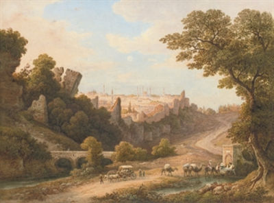 William Purser : View of Constantinople with camels watering and travellers on a track in the foreground