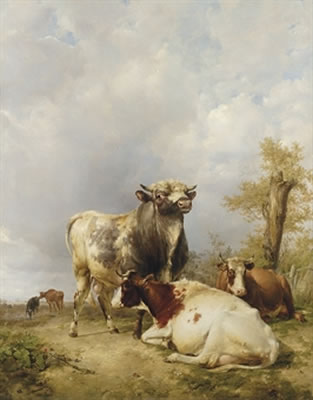 Thomas Sidney Cooper : A Bull and Cows in a Landscape