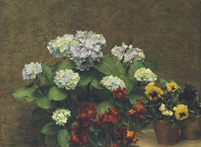 Henri Fantin-Latour : Fleurs (Hortensias, giroflées, deux pots de pensées)