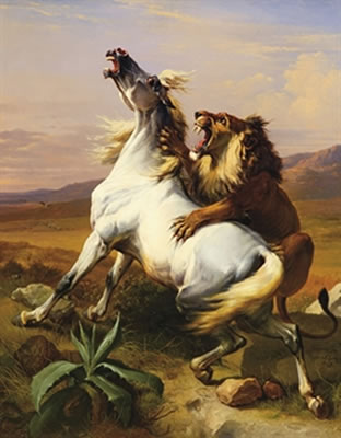 Eugene Verboeckhoven : A lion attacking a horse