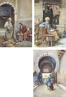 Vittorio Rappini : The carpet merchant; The scholar; and Leaving the souk (3)