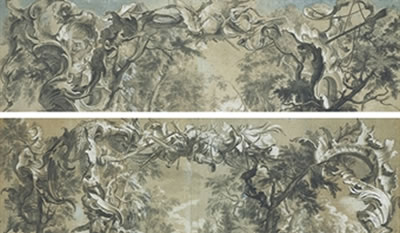 Johann Wolfgang Baumgartner : A rocaille decoration with a stag hunt above trees; and A rocaille decoration with a hunting horn and rifle (2)