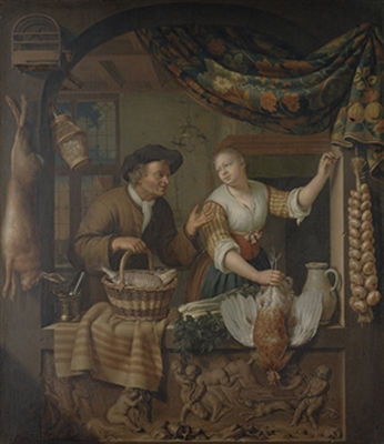 Frans Van Mieris II : A fish seller and a poultry seller in an arched window, above a carved relief