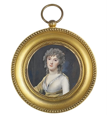 Louis Marie Sicardi : A young lady, in transparent white muslin dress with steel-blue silk border