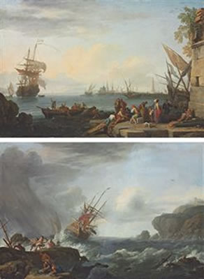 Adrien Manglard : A Mediterranean harbour with sailors loading a boat, a Genoese man-of-war; and A British man-of-war in rough; a pair (2)