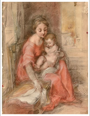 Federico Barocci : The Madonna and Child beside a crib in an interior, Saint Joseph seen reading through a doorway to the right