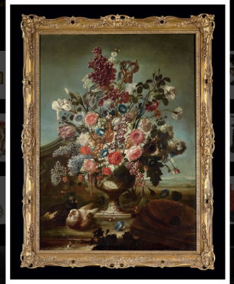 Karel Van Vogelaer : Tulips, roses, peonies, irises and other flower in an ornamental urn, with a pair of doves