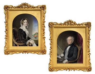 Edward Tayler : A pair of portraits of Mr and Mrs Cropper: he, Edward Cropper (d. c. 1878), seated in a wooden chair, in black coat, grey waistcoat, black tied cravat, gem-set ring on his left hand, a pair of spectacles in his right hand, his arm resting on a table with