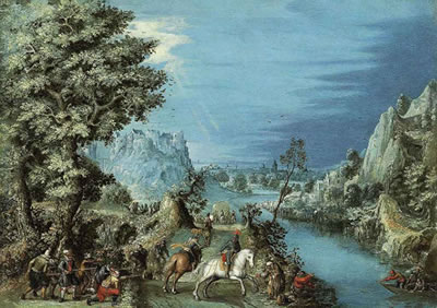 Pieter Stevens : A river landscape with travellers ambushed by bandits