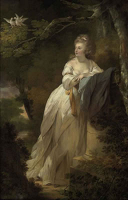 Ozias Humphry : Portrait of a lady, full-length, in a white dress, leaning on a pedestal by a tree with two doves