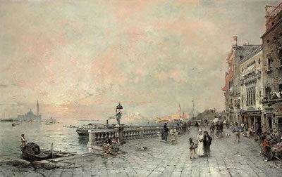 Franz Richard Unterberger : The Riva dei sette Martiri, looking towards the Ponte de la Veneta Marina, Venice