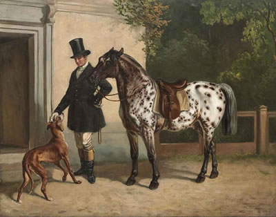 Heinrich Lang : A huntsman with his dog and a piebald pony