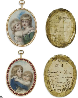 Richard Cosway : An important double-sided portrait miniature depicting the four children of Frederick Ponsonby, 3rd Earl of Bessborough (1758-1844) and his wife Henrietta Ponsonby, Countess of Bessborough, née Spencer (1761-1821): Sir John William Ponsonby, Viscount Dunc