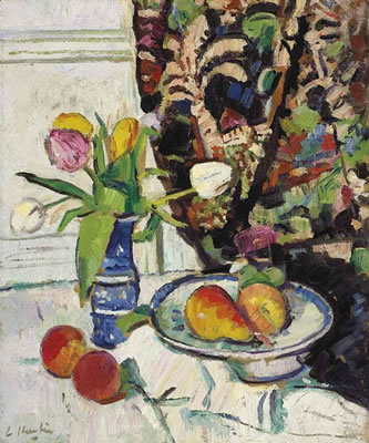 George Leslie Hunter : Still life with tulips and fruit