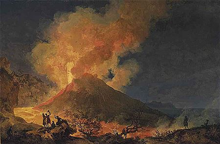 Pierre-Jacques Volaire : Vesuvius erupting at night seen from the Atrio del Cavallo, with elegant onlookers, a view of Portici and Capri beyond