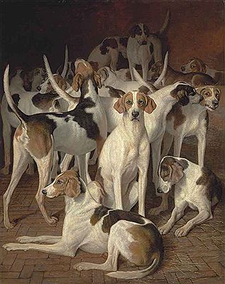 Jacques Laurent (J L) Agasse : Hounds in a kennel