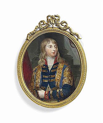 William Grimaldi : Prince William Frederick, later Duke of Gloucester (1776-1834) in gold figured blue coat with red collar and cuffs; red curtain and pillar background