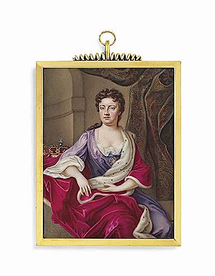 Charles Boit : Queen Anne (1665-1714), seated, in purple dress with red ermine trimmed robe, interior background