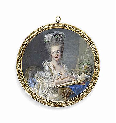 Jean Laurent Mosnier : A young lady, in lace-trimmed white satin robe à la polonaise adorned with blue silk bows