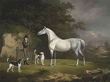 Charles Towne : A GREY HUNTER WITH A GROOM AND TWO HOUNDS IN A WOODED LANDSCAPE