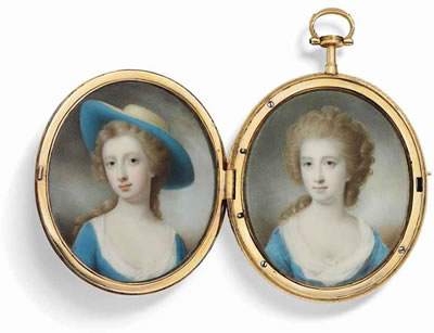 Charles Robertson : A pair of miniatures of two girls, one called Jane, Countess of Kingston, née Caulfeild (1737-1784), in décolleté blue dress with white underdress, fair curling hair, and another girl, called Mrs Malcott, in similar dress, wearing a wide-brimmed ochre hat