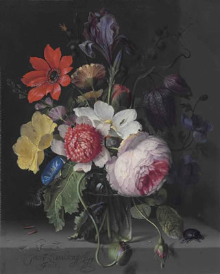 Jacob van Walscapelle : A peony, an iris, a poppy, anemones, morning glory and other flowers, in a glass vase, with a caterpillar, a beetle and other insects, on a stone ledge