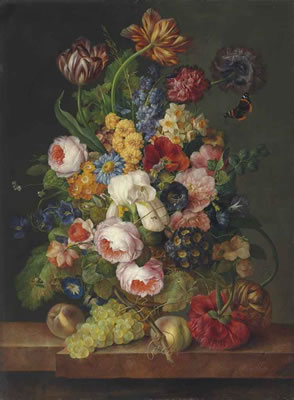 Franz Xavier Petter : ROSES, PARROT TULIPS, AN IRIS, DAFFODILS, PEONIES, MORNING-GLORY AND OTHER FLOWERS WITH A RED ADMIRAL, A BEE AND OTHER INSECTS IN A SCULPTED URN WITH PEACHES AND GRAPES ON A MARBLE LEDGE