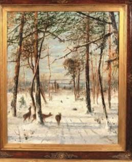 Christopher High Shearer : Winter scene of three deer looking through a clearing