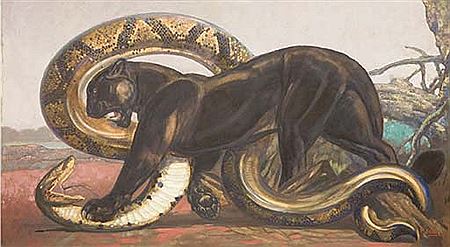 Paul Jouve : Black panther fighting a python