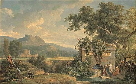 Pierre Henri Valenciennes : Paysage animé de ruines antiques, avec des personnages s'abreuvant à la fontaine