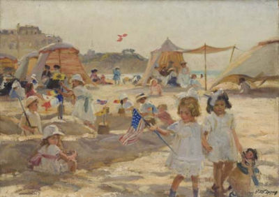 Paul Michel Dupuy : La jeune fille au drapeau sur la Grande plage à Biarritz