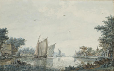 Theodor Dirk Verrijk : Des voiliers et une barque au bord d'un rivage: vue présumée de Alphen aan den Rijn