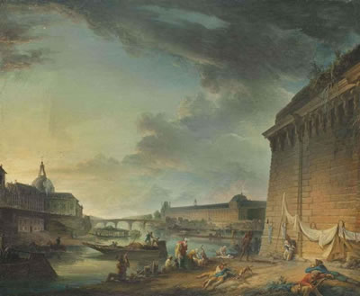 Elias Martin : Vue de la Seine et du Louvre, prise depuis le Vert Galant, sous le Pont Neuf