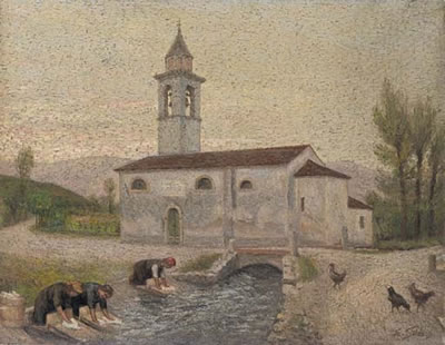 Erminio Soldera : Washerwomen at the canal at the ancient church