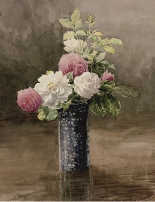 George Anderson Short : Still life of roses in a blue bowl. Still life of roses in a vase