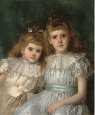 John Shirley-Fox : Portrait of sisters, half-length, the elder in a blue dress with white collar, the younger in an oyster coloured dress